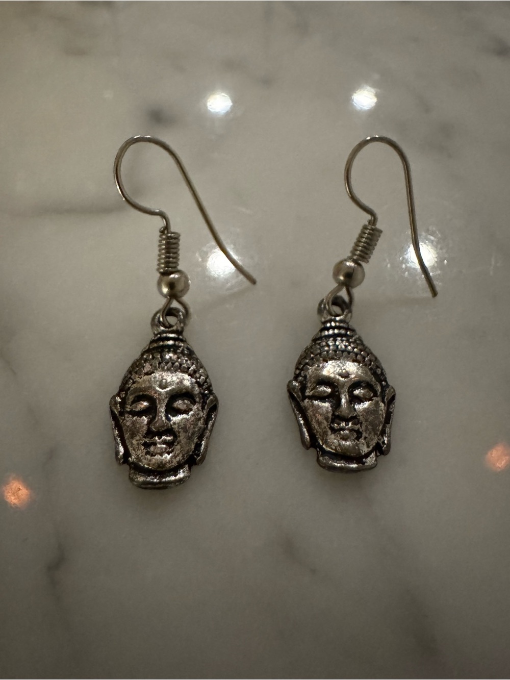 Buddha Head Drop Earrings in Antique Silver Tone